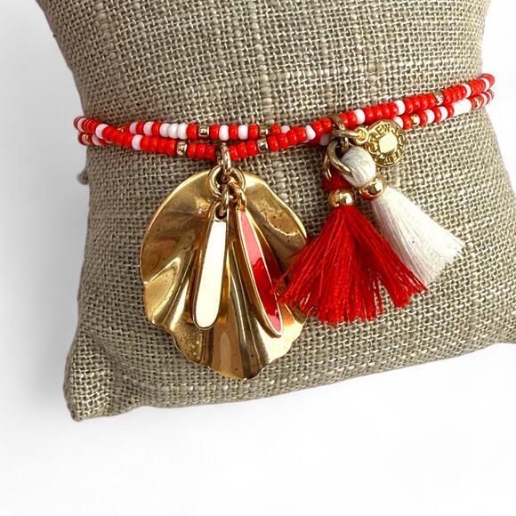 J Crew Beaded Stretch Bracelet Red and White Gold Tone Leaf Charm - Picture 6 of 6